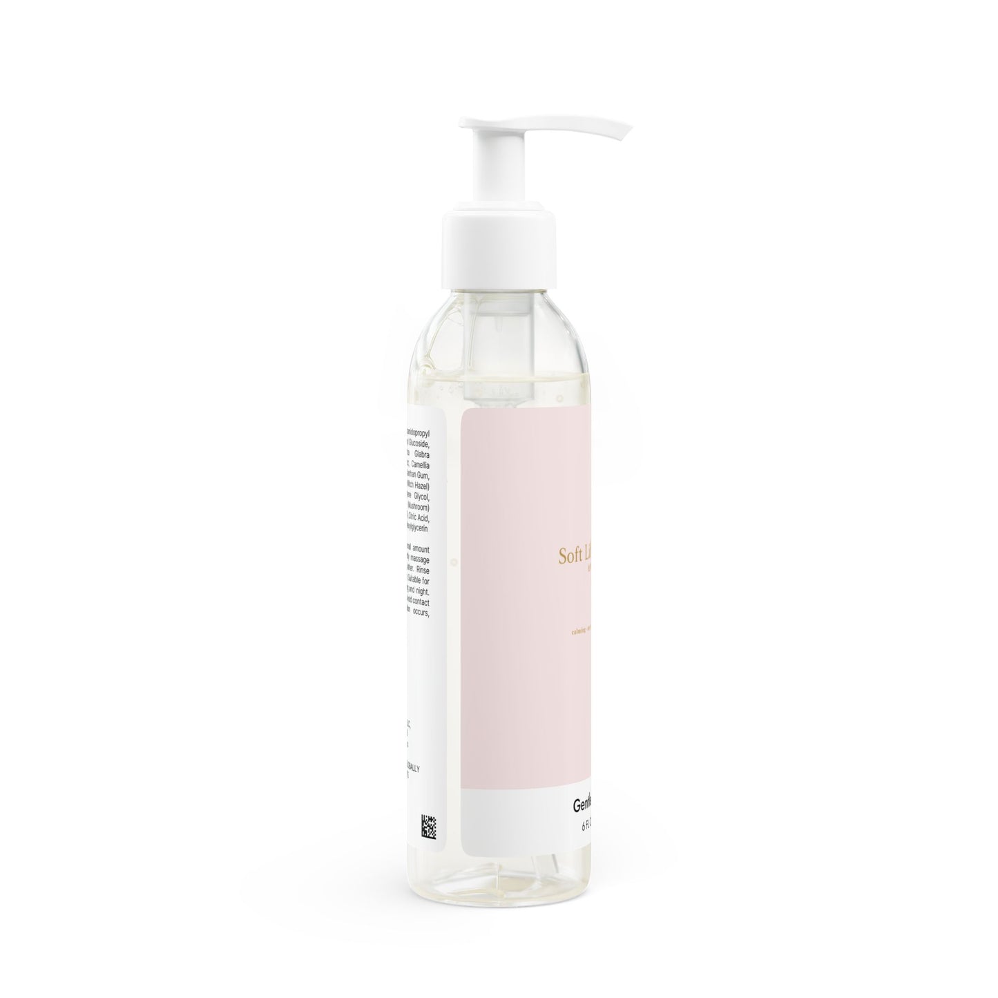 Clear bottle with pink label on a white background