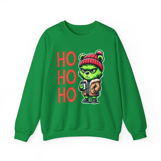 Irish Green sweatshirt with a playful Grinchy teddy bear and bold 'HO HO OH' text, perfect for adding festive charm to your holiday wardrobe.