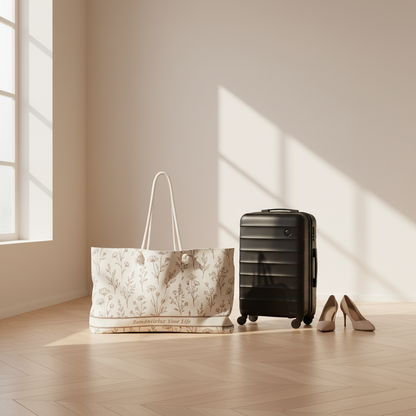 Large floral weekender bag styled on wood floor beside black carry-on suitcase and nude heels in minimalist travel scene.