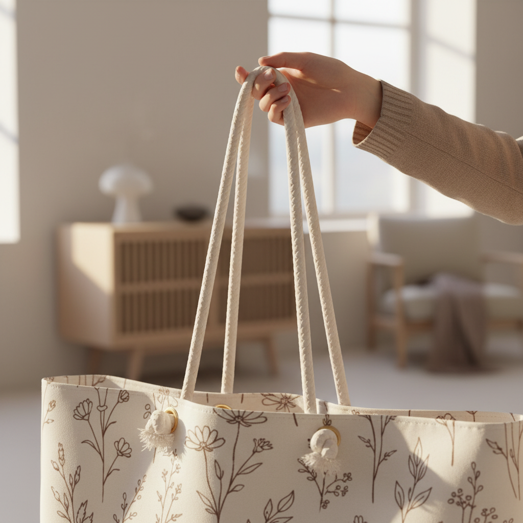 Close-up of rope handle attachment on botanical weekender tote showing textured canvas fabric and gold grommet detail.