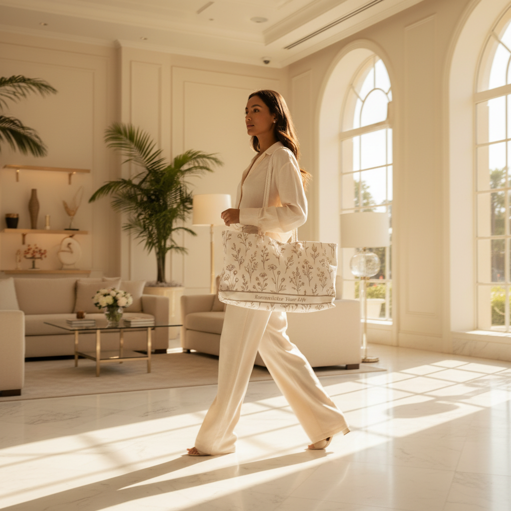 Woman walking through luxury sunlit lobby carrying oversized floral botanical weekender travel bag.