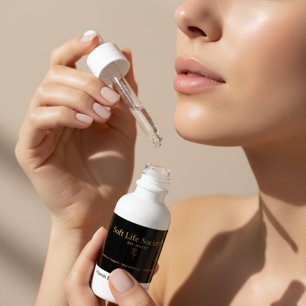 Person holding a dropper with 'Soft Life Society' skincare product.