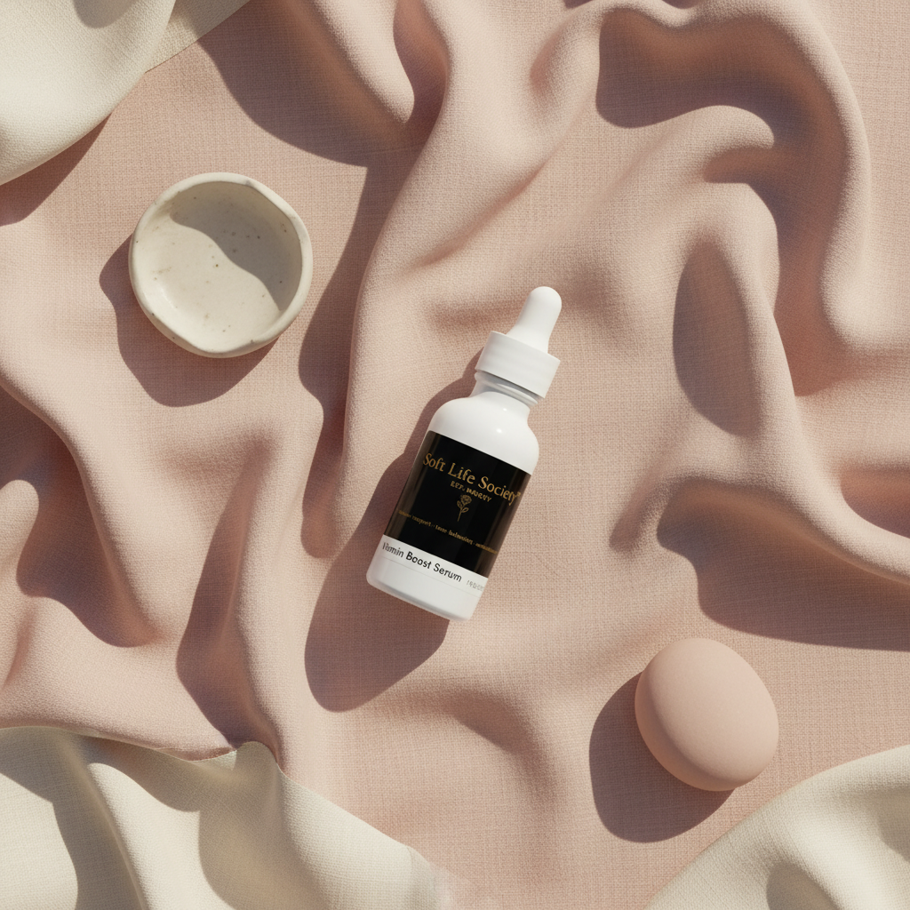 Soft Life Society Black Label Skincare bottle with dropper on a textured beige surface