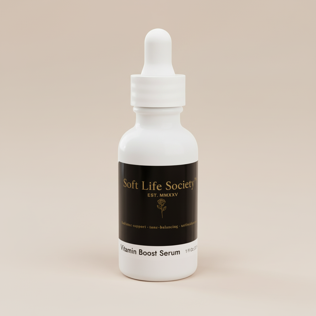 White serum bottle with dropper labeled 'Soft Life Society' on a beige background