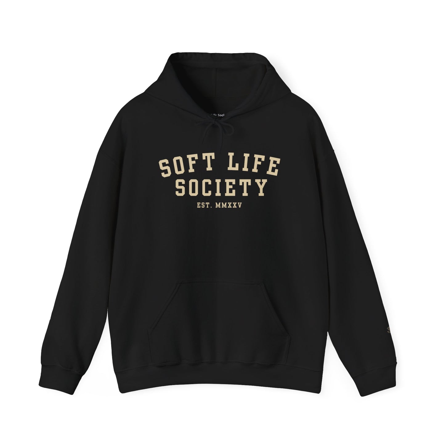Black hoodie with 'Soft Life Society' text on a white background