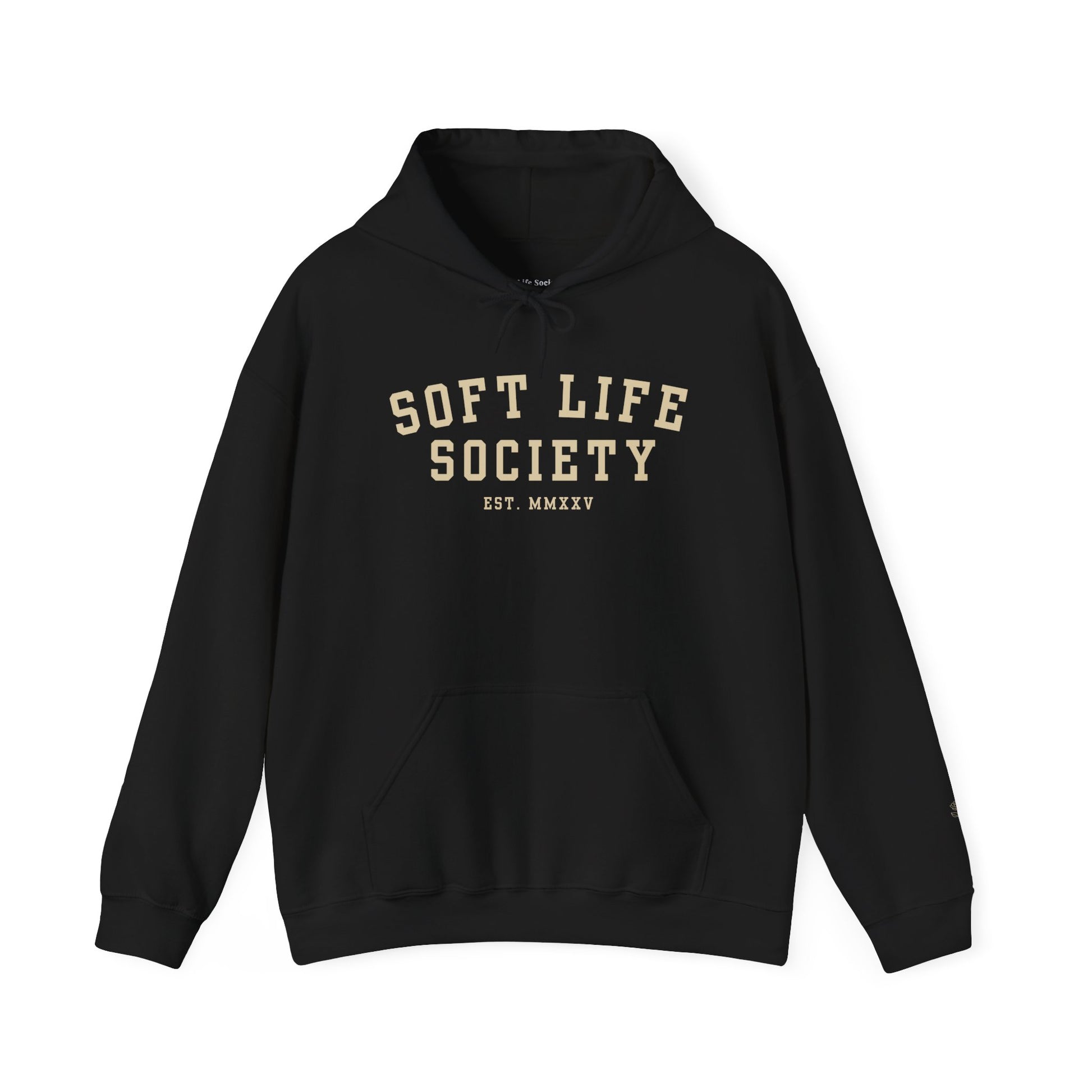 Black hoodie with 'Soft Life Society' text on a white background