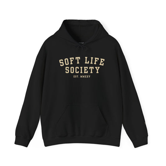 Black hoodie with 'Soft Life Society' text on a white background