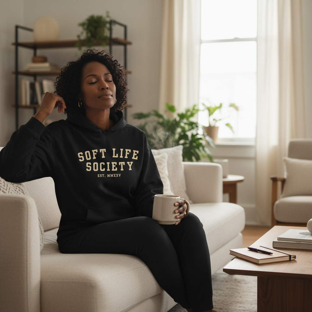 Woman relaxing on a light sofa wearing a black Soft Life Society hoodie, holding a mug in a calm, sunlit living room.