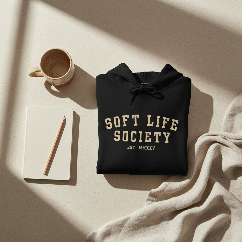 Folded black Soft Life Society hoodie styled with a ceramic mug and journal on a neutral surface in soft natural light.