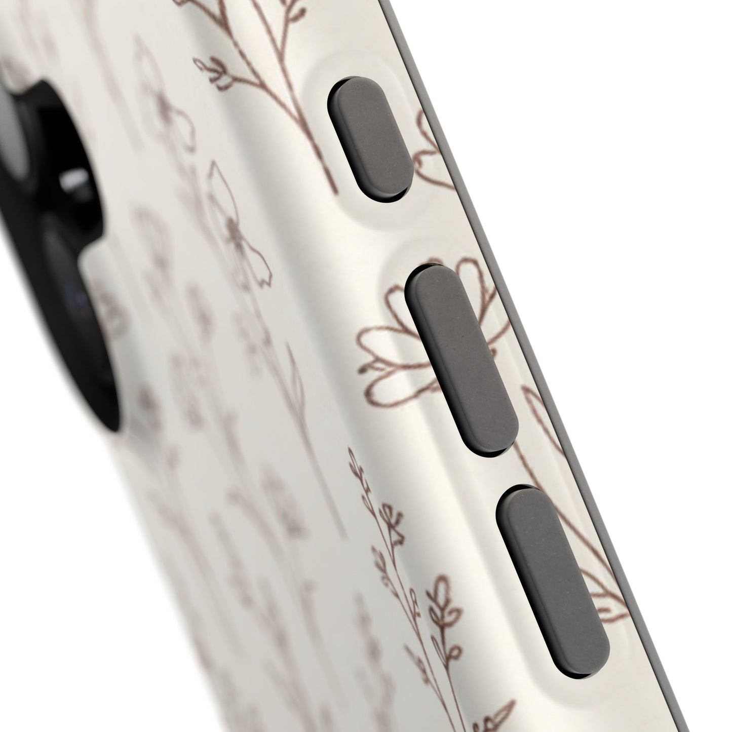 Close-up of a phone case with floral design and black buttons on a white background