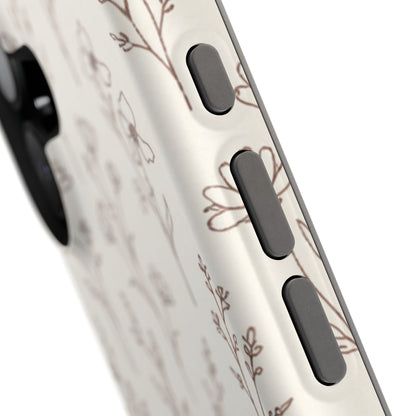 Close-up of a phone case with floral design and black buttons on a white background