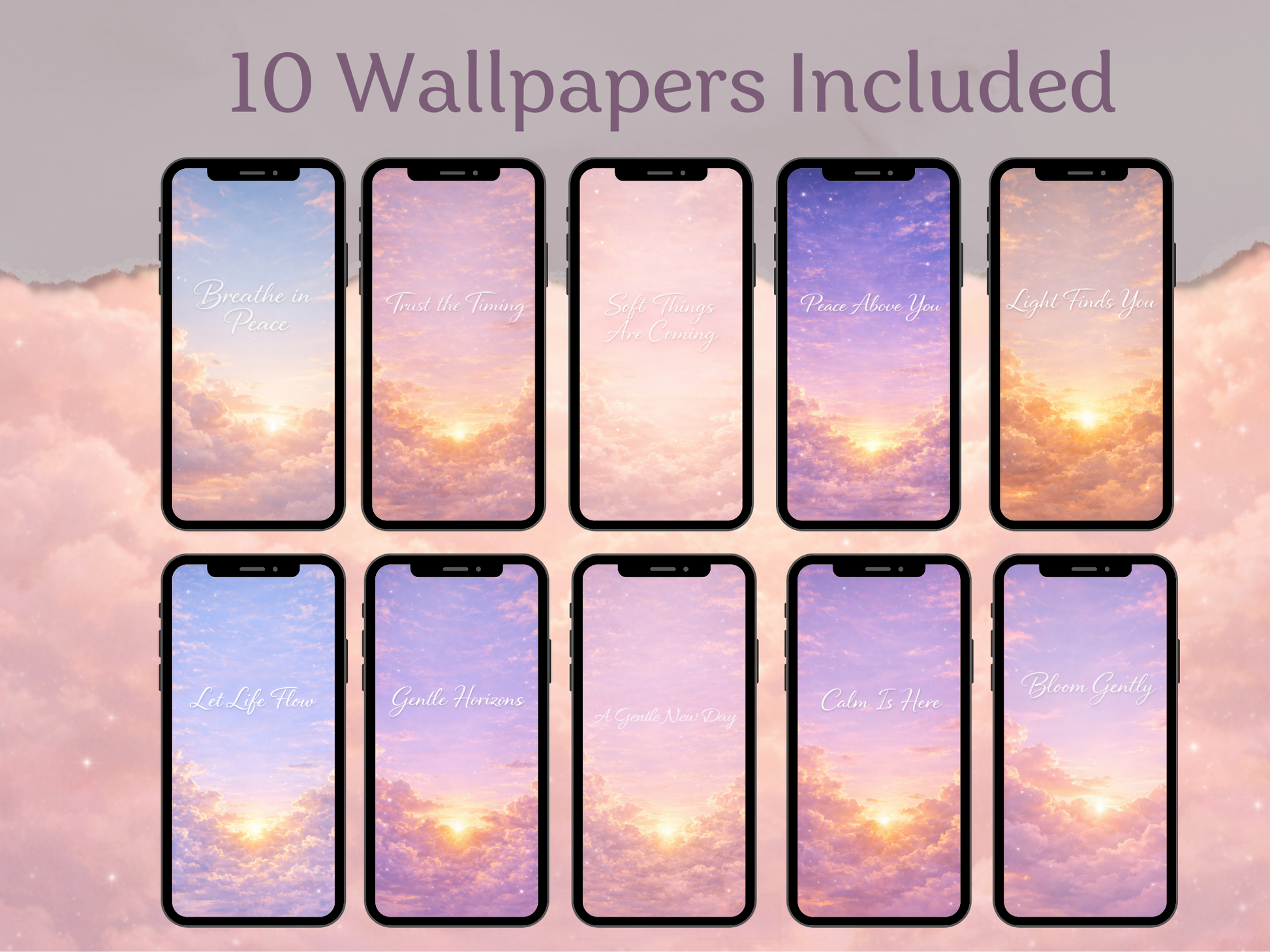 Row of smartphone screens displaying cloud-themed wallpapers with soft pastel colors.