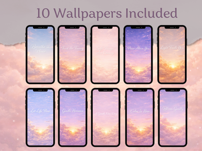 Row of smartphone screens displaying cloud-themed wallpapers with soft pastel colors.