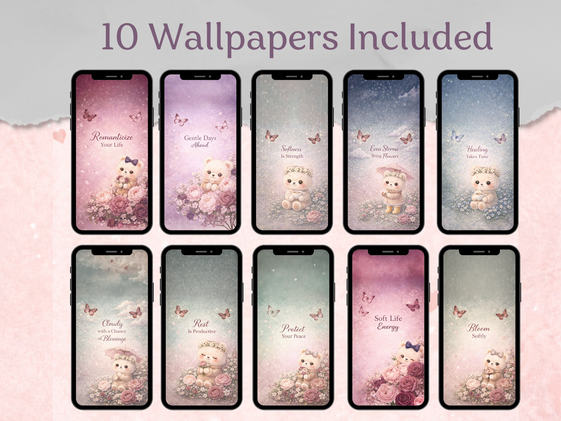 Set of 10 phone wallpapers with teddy bear designs on a pink background.