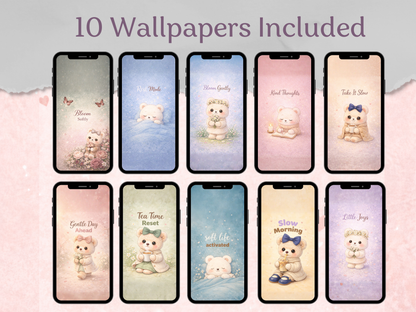 Set of 10 smartphone wallpapers featuring teddy bears with various captions on a light pink background.