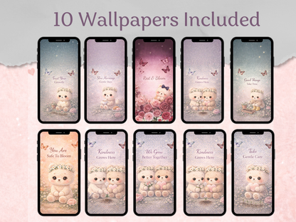 Set of 10 smartphone wallpapers featuring cute bear designs with various messages on a pink background.