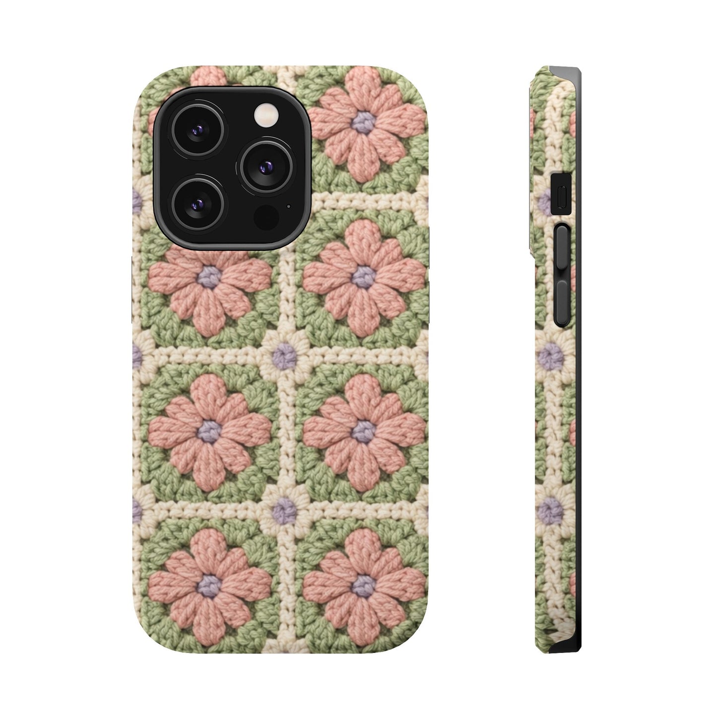 Phone case with floral crochet pattern on a white background