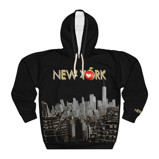 Front view of the Empowering New York Skyline Hoodie showing New York skyline design.
