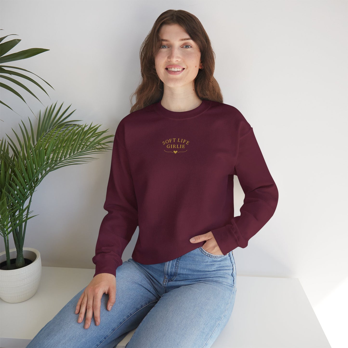 Soft Life Girlie Sweatshirt, Minimal Gold Text Crewneck, Cozy Aesthetic Winter Pullover, Black & Maroon Options | Soft Life Society