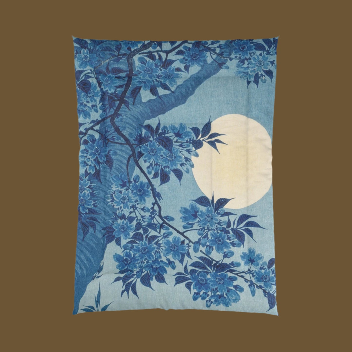 Full view of the Blue Cherry Blossom and Full Moon Art Blanket showing intricate floral details and a serene moonlit sky.
 