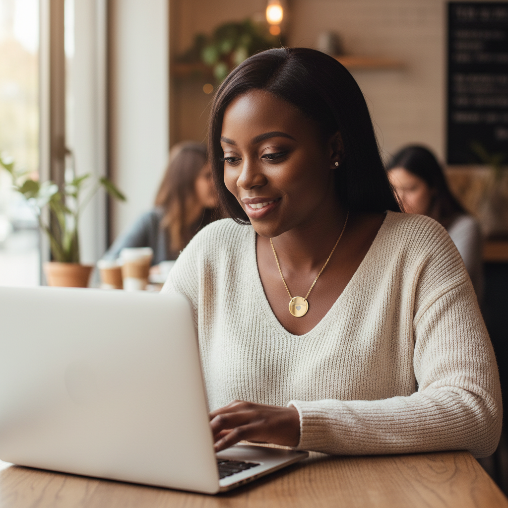 Woman wearing the Becoming Her engraved disc necklace while working on her laptop in a cozy café, showcasing its minimalist everyday style.