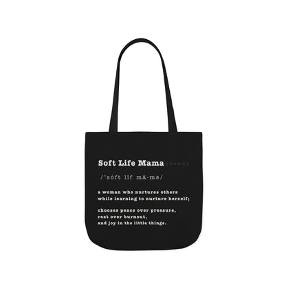 Black tote bag with 'Soft Life Mama' text on a white background