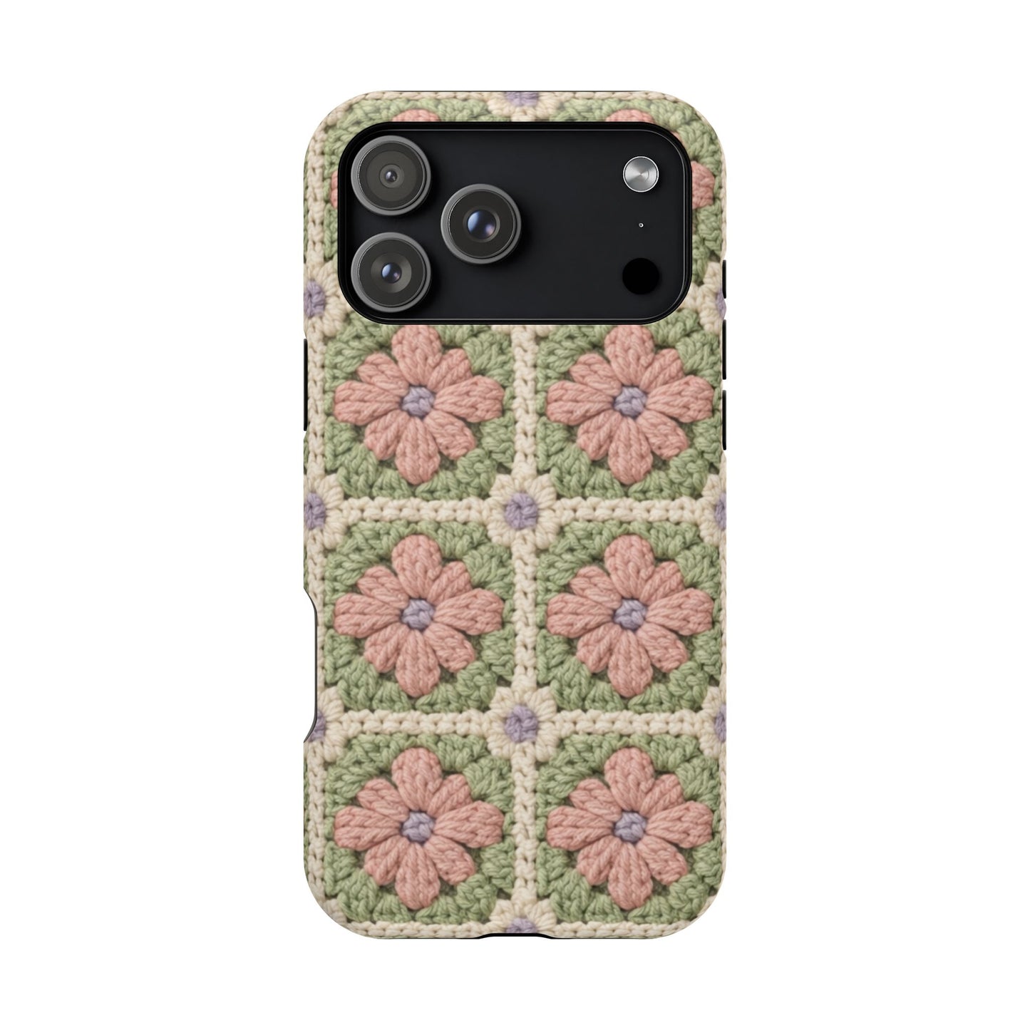 Phone case with floral crochet pattern on a white background