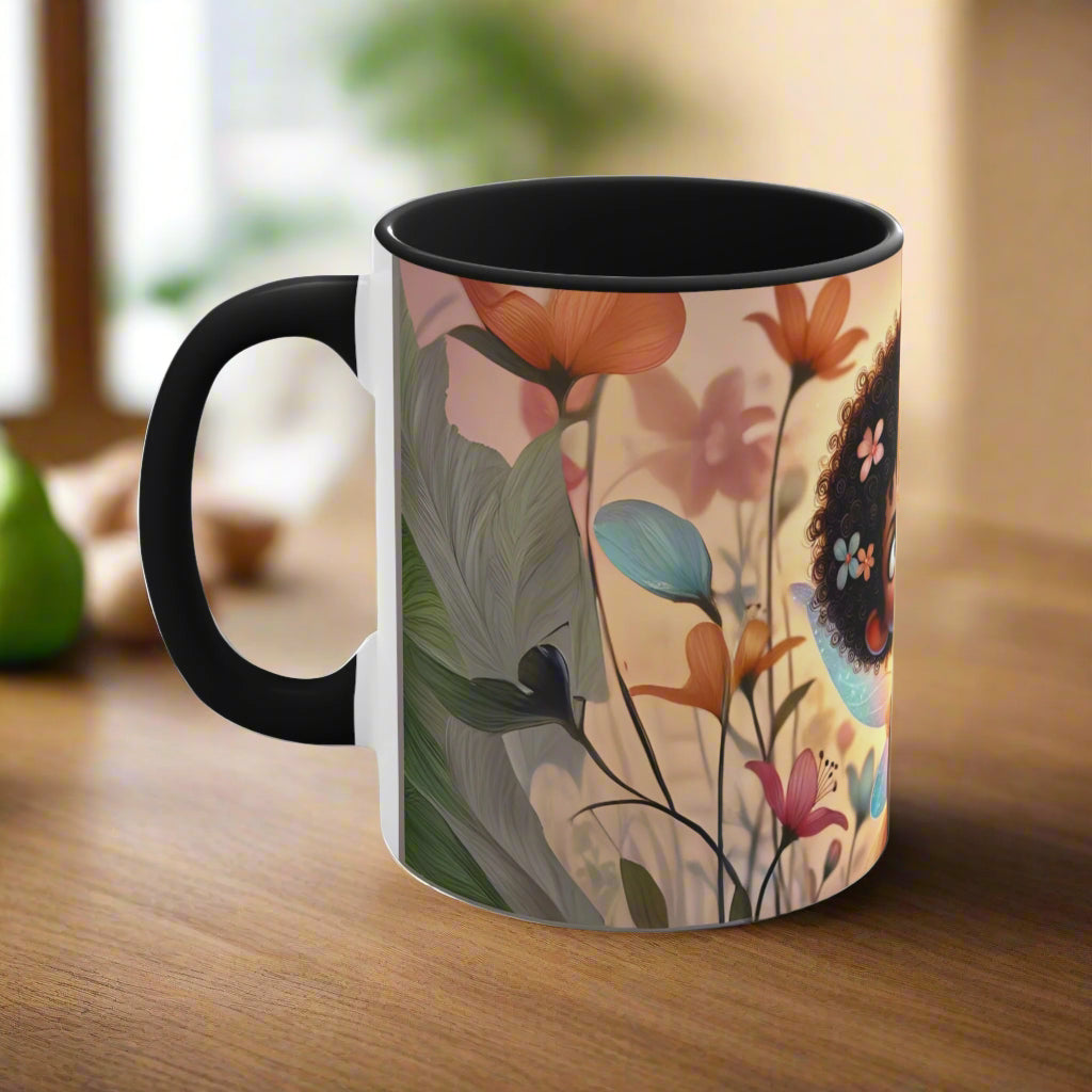 Side view of the vibrant floral design on an 11oz coffee mug
