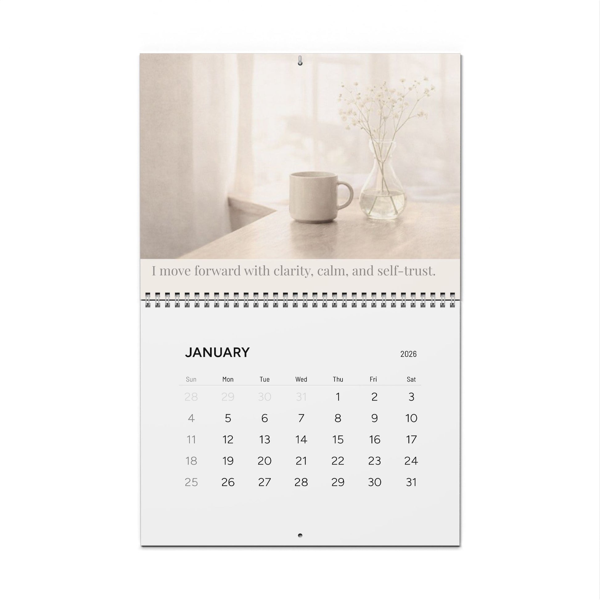 Soft Life Society Wall Calendar with January 2026 dates and a quote on a white background