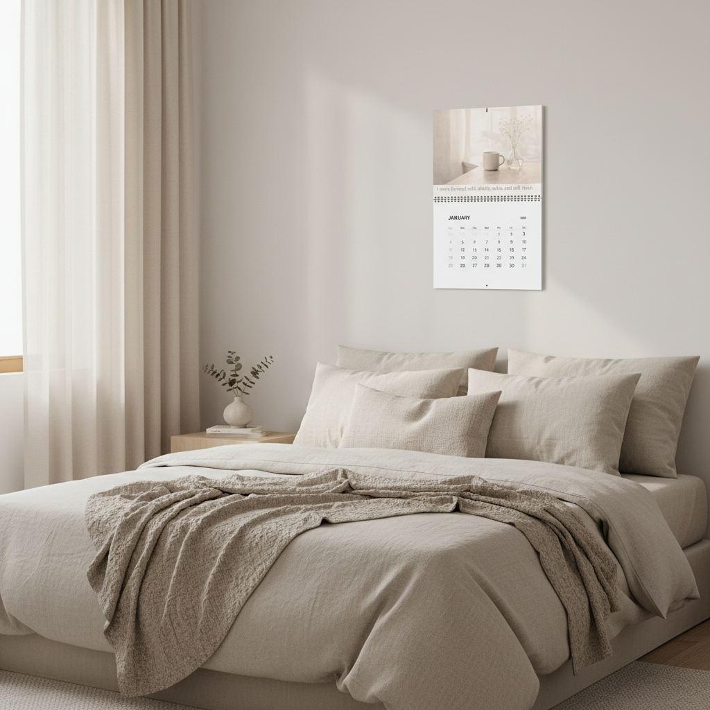 Neatly made bed with beige bedding in a bedroom setting, featuring a Soft Life Society calendar on the wall.