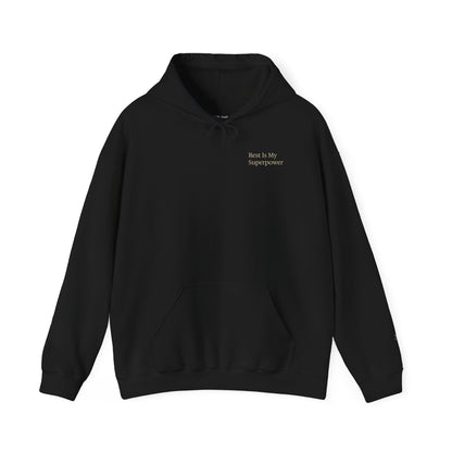 Black hoodie with text 'Rest Is My Superpower' on a white background