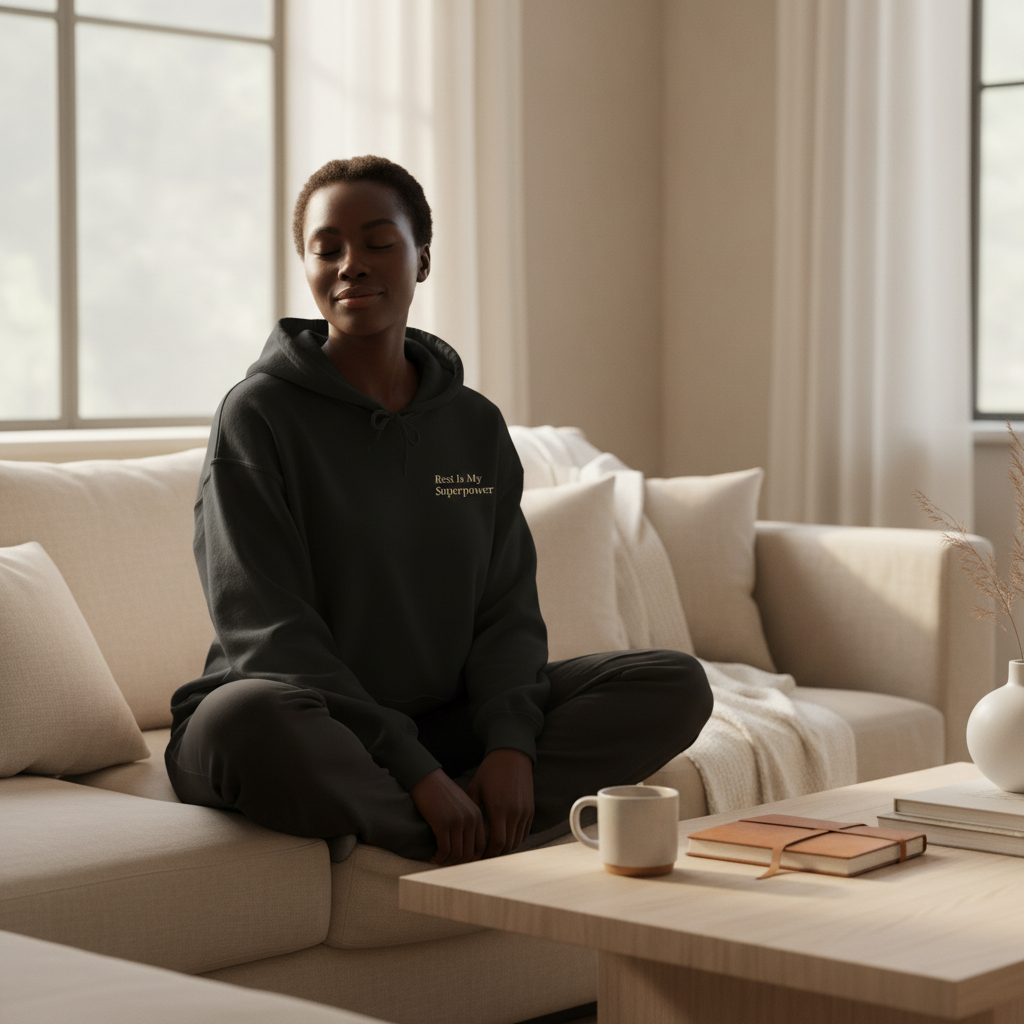 Person sitting on a couch in a cozy black hoodie with text 'Rest is My Superpower' in living room with a coffee mug and books on a table.