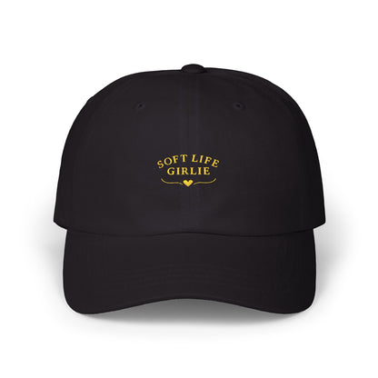 Front view of black “Soft Life Girlie” embroidered dad cap on a clean white background.