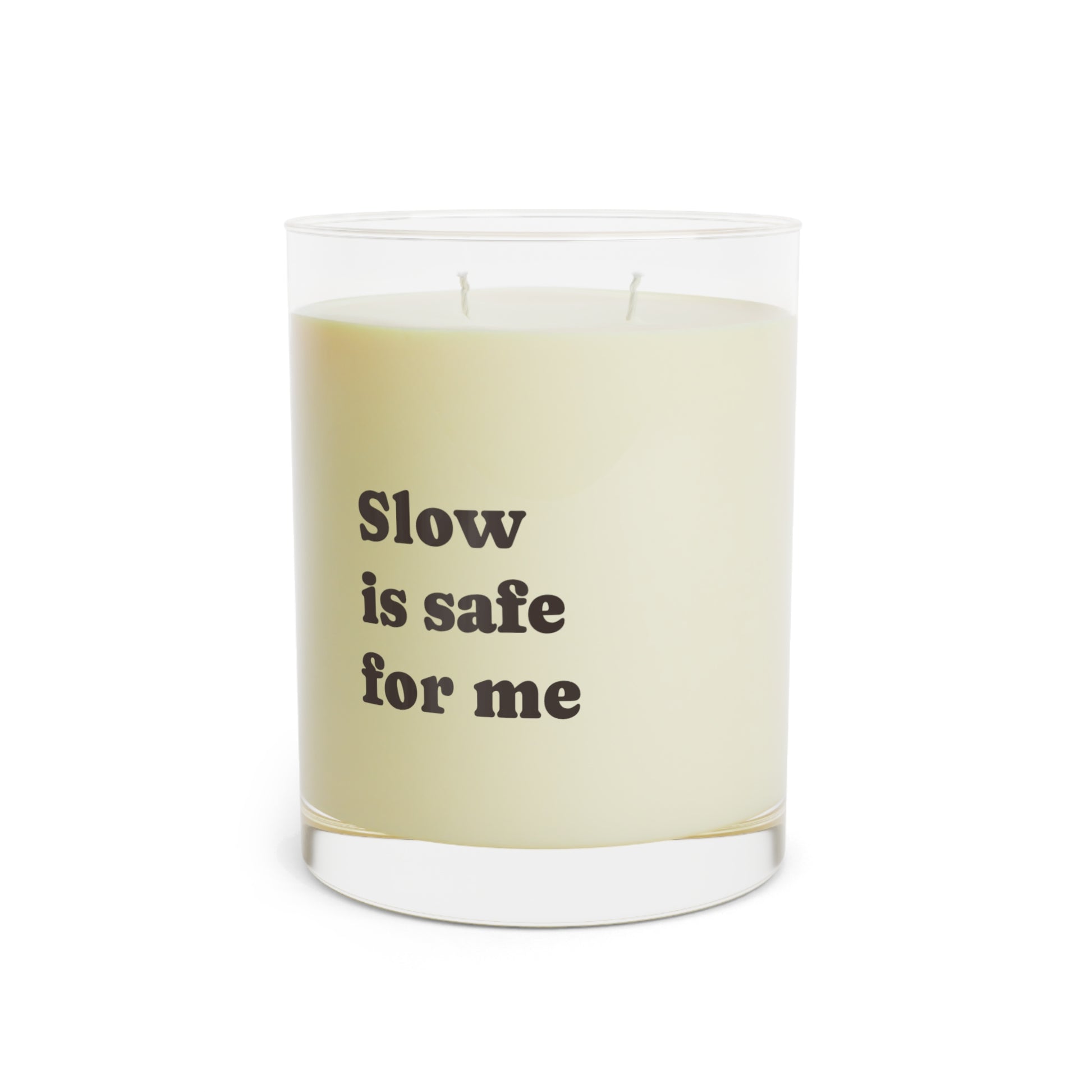 Soft Life Society Affirmation Candle with a label reading 'Slow is safe for me' on a white background