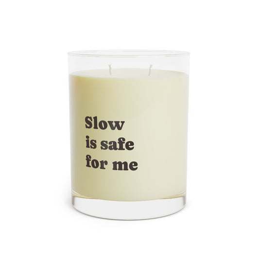 Soft Life Society Affirmation Candle with a label reading 'Slow is safe for me' on a white background