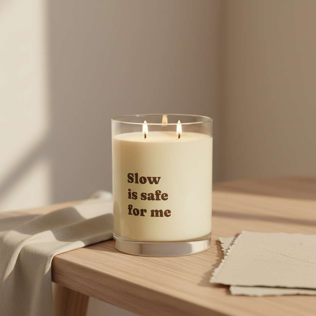 Soft Life Society Affirmation Candle with 'Slow is safe for me' text on a wooden table