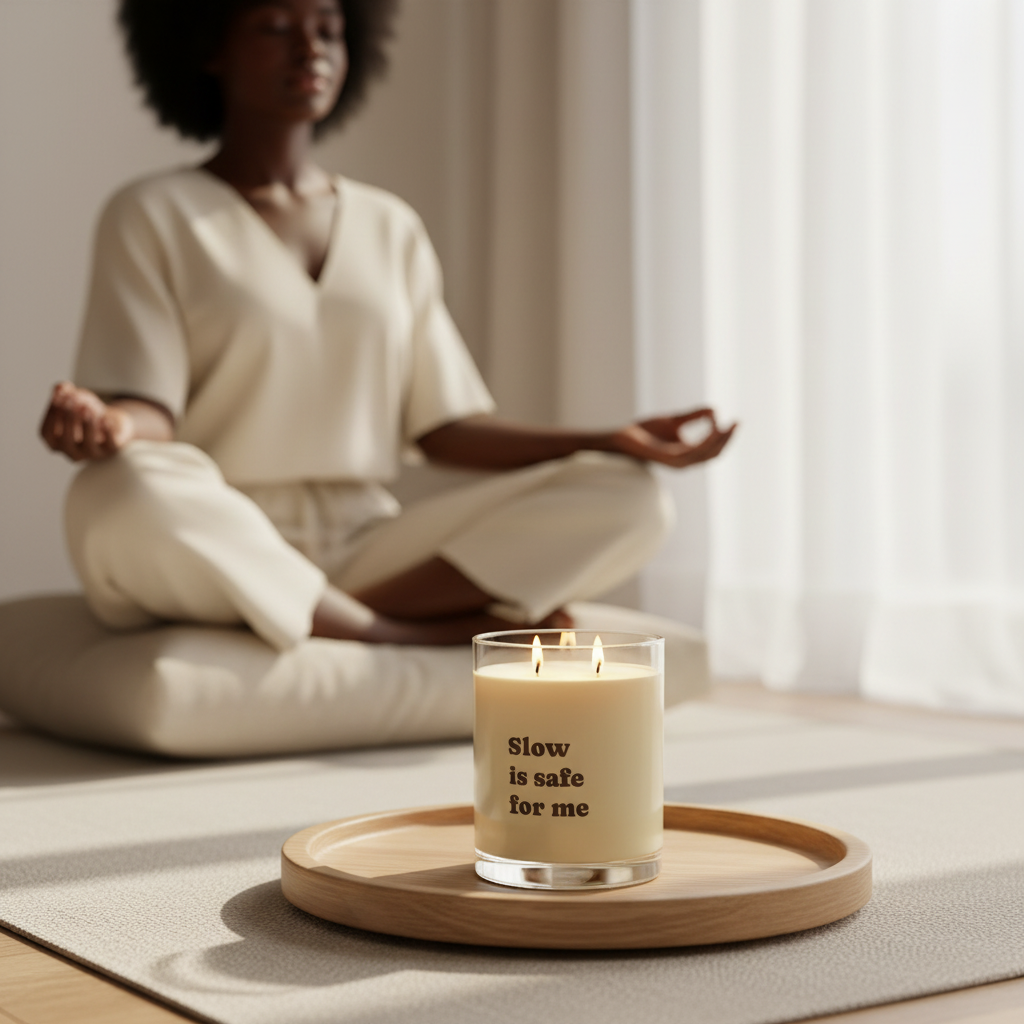 Person meditating with a Soft Life Society Affirmation candle labeled 'Slow is safe for me' on a wooden tray.
