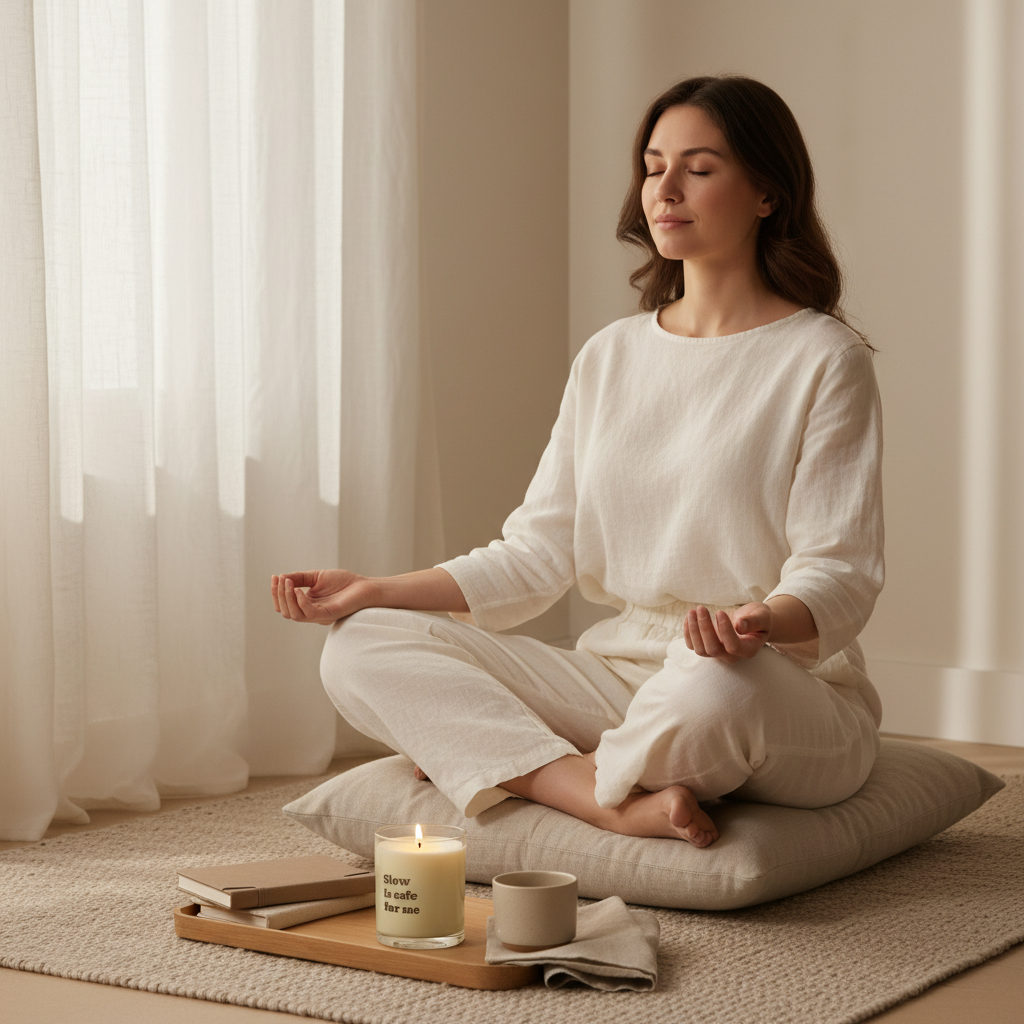 Woman in white outfit meditating with a Soft Life Society Affirmation candle and book on a pillow