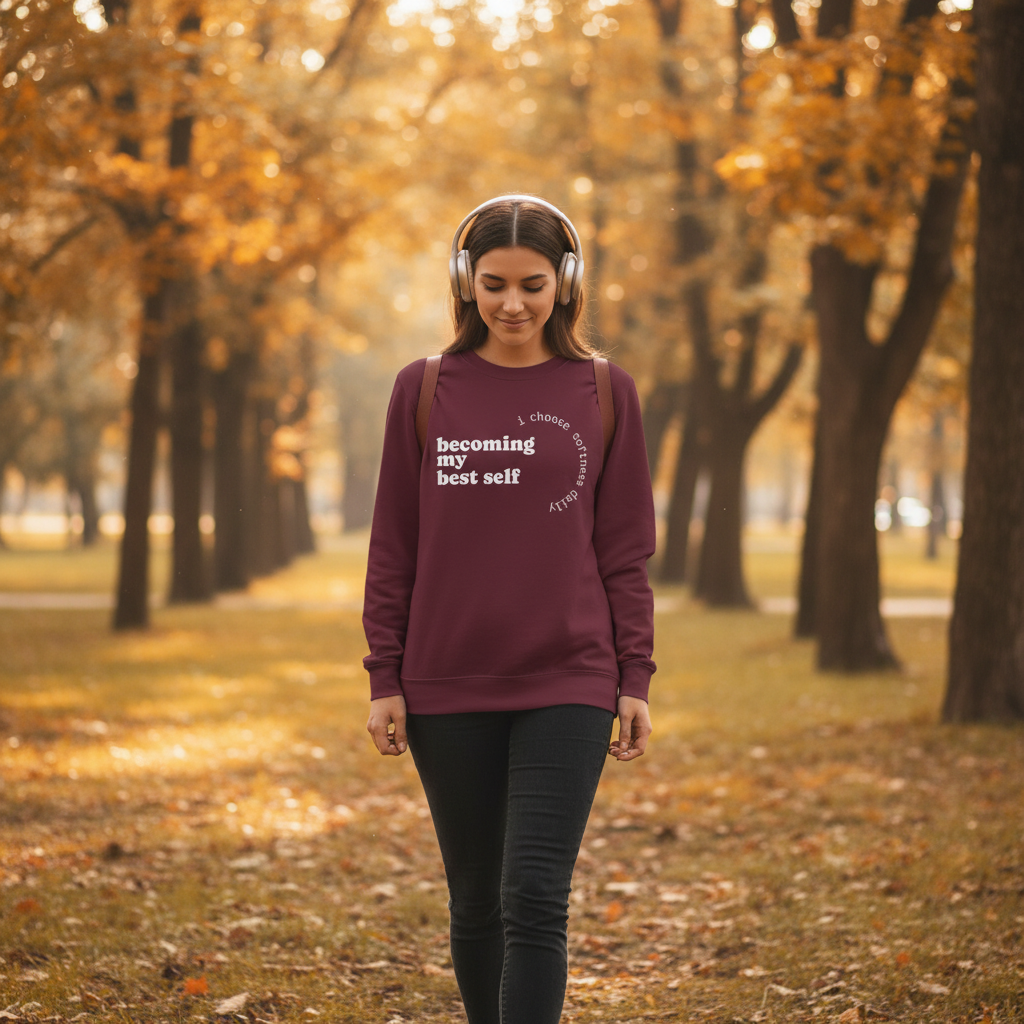 Woman walking through an autumn park wearing a maroon“ becoming my best self” sweatshirt from Soft Life Society™.