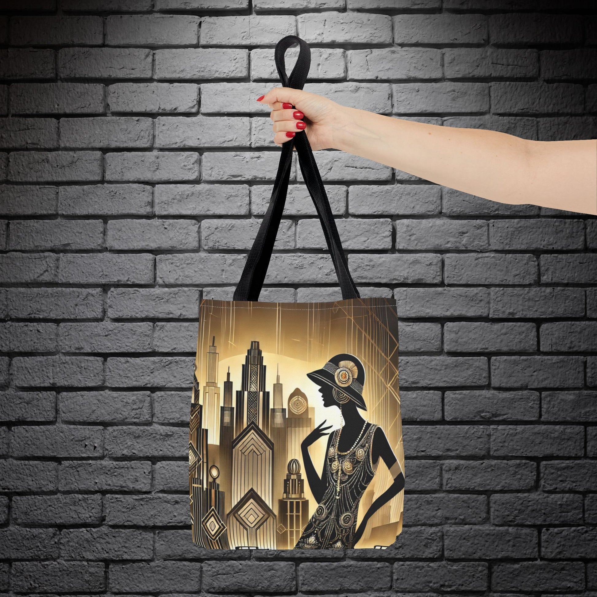 Lifestyle shot of the tote bag displayed on a wooden surface, showcasing its chic and timeless design.

