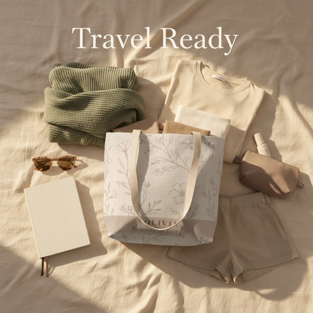 Travel-ready outfit with green sweater, beige shirt, shorts, tote bag, notebook, and sunglasses on a beige surface.