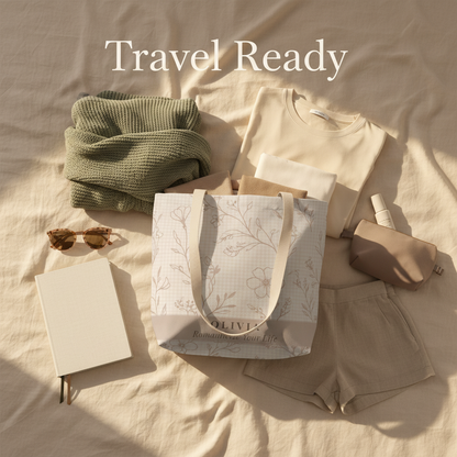 Travel-ready outfit with green sweater, beige shirt, shorts, tote bag, notebook, and sunglasses on a beige surface.