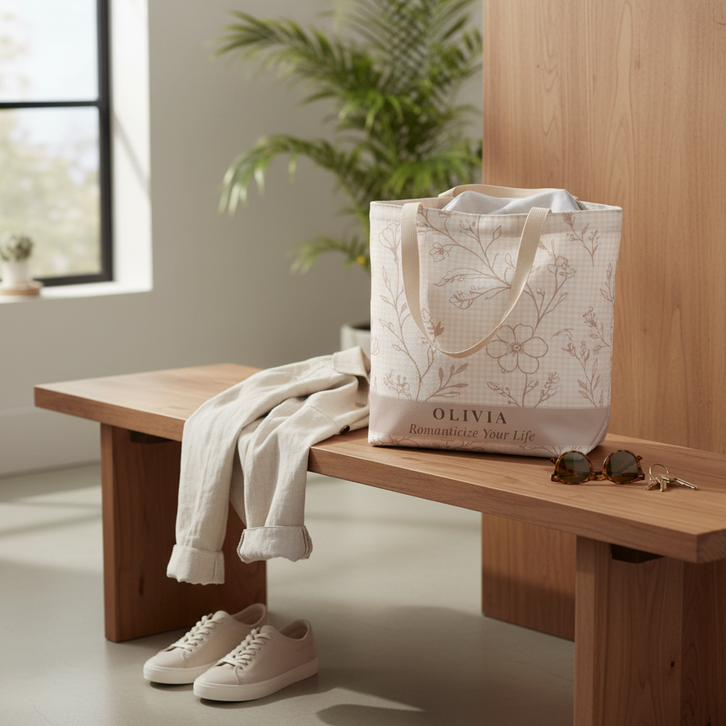Tote bag with floral design on a wooden bench with white sneakers and sunglasses.