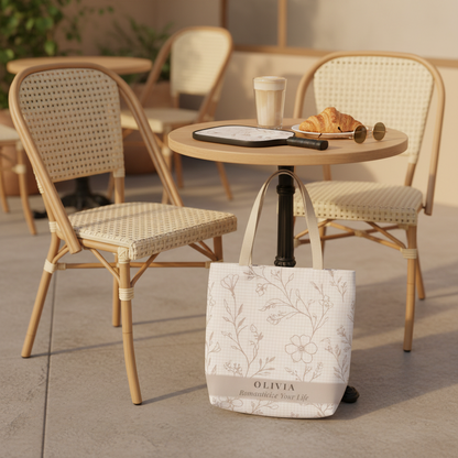 Tote bag with floral design and 'OLIVIA' branding on a patio table with a cup and pastry.