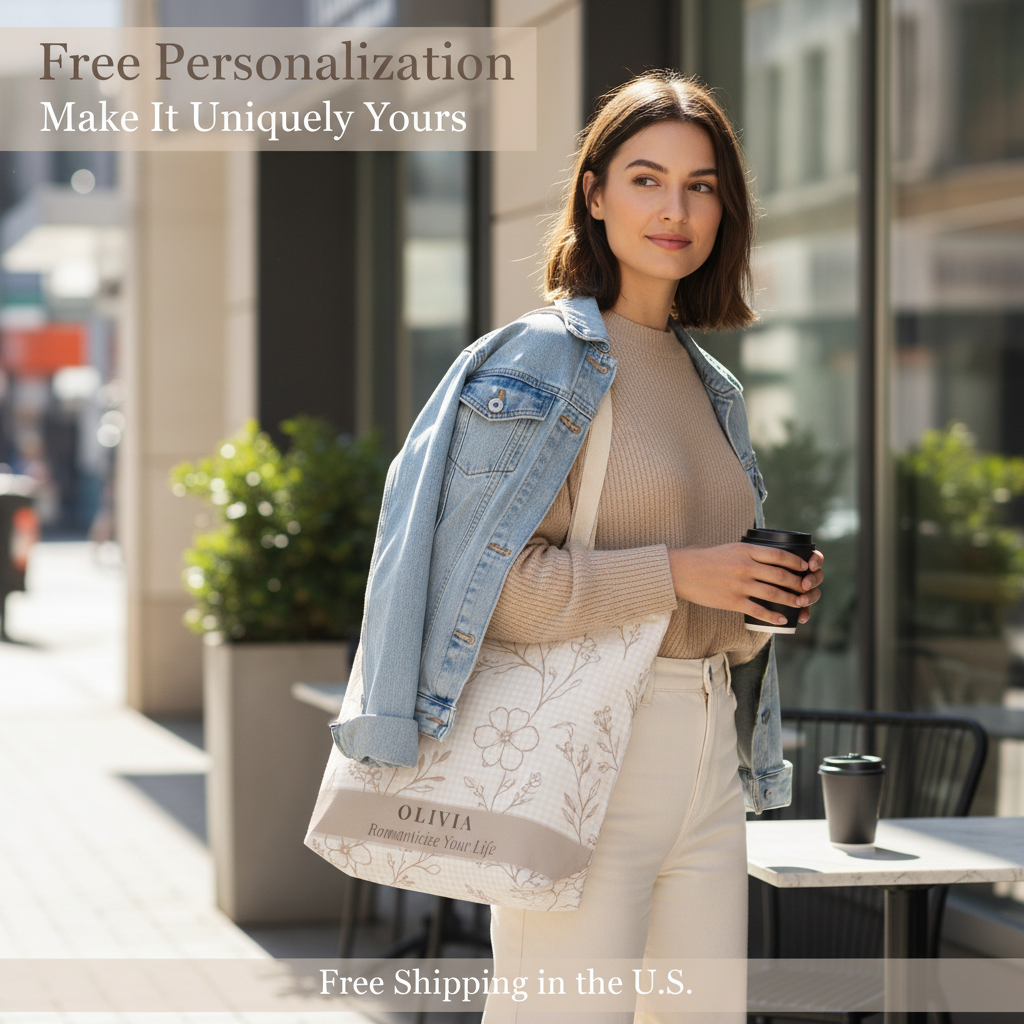 Woman holding a branded tote bag and coffee cup with promotional text overlay.
