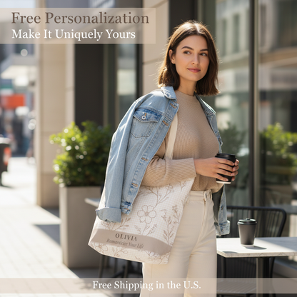 Woman holding a branded tote bag and coffee cup with promotional text overlay.