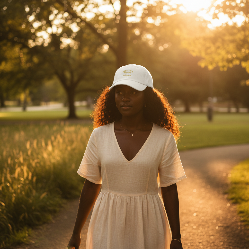 Black woman walking outdoors at golden hour wearing a white Soft Life Girlie™ dad hat and a cream dress.