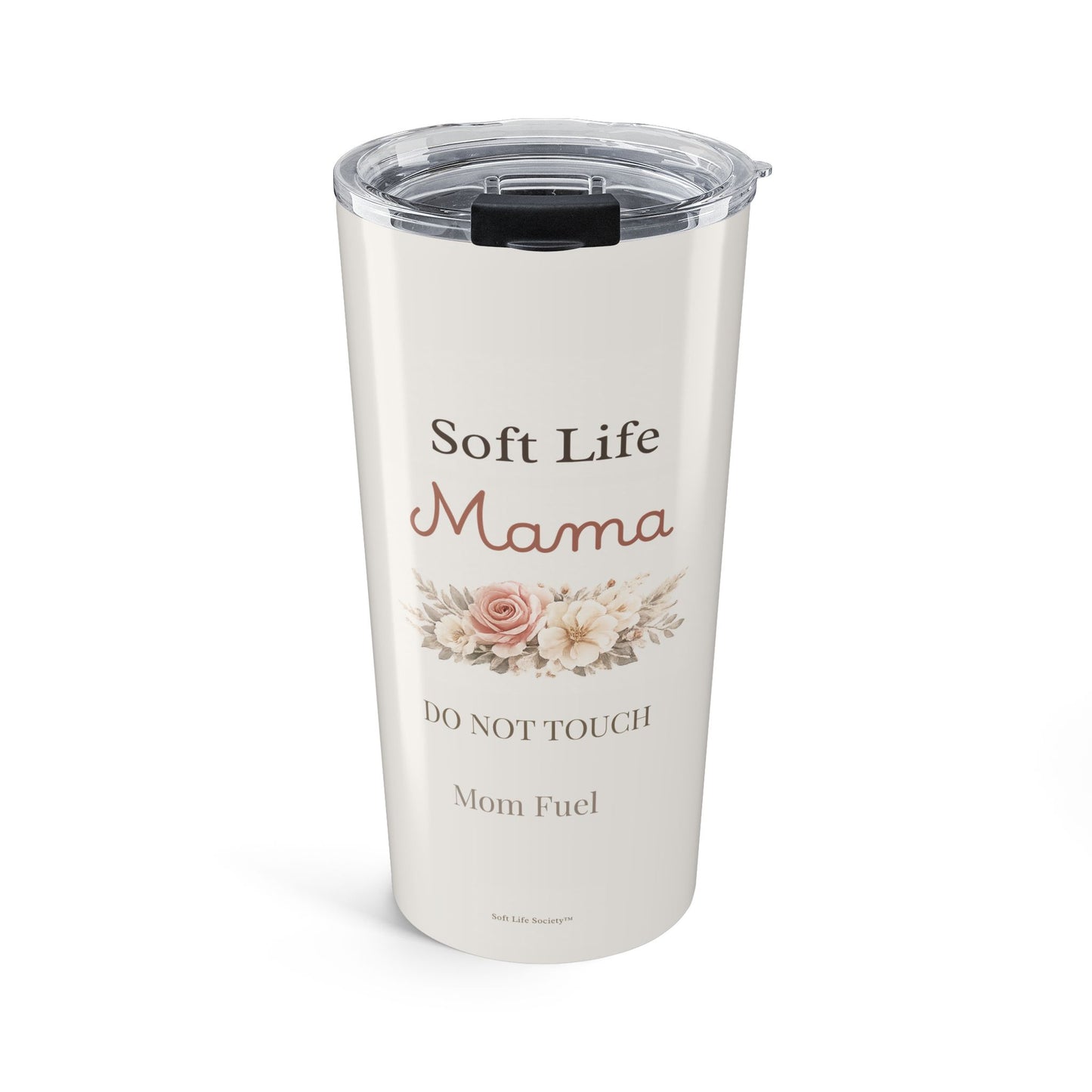 White tumbler with floral design and text on a white background