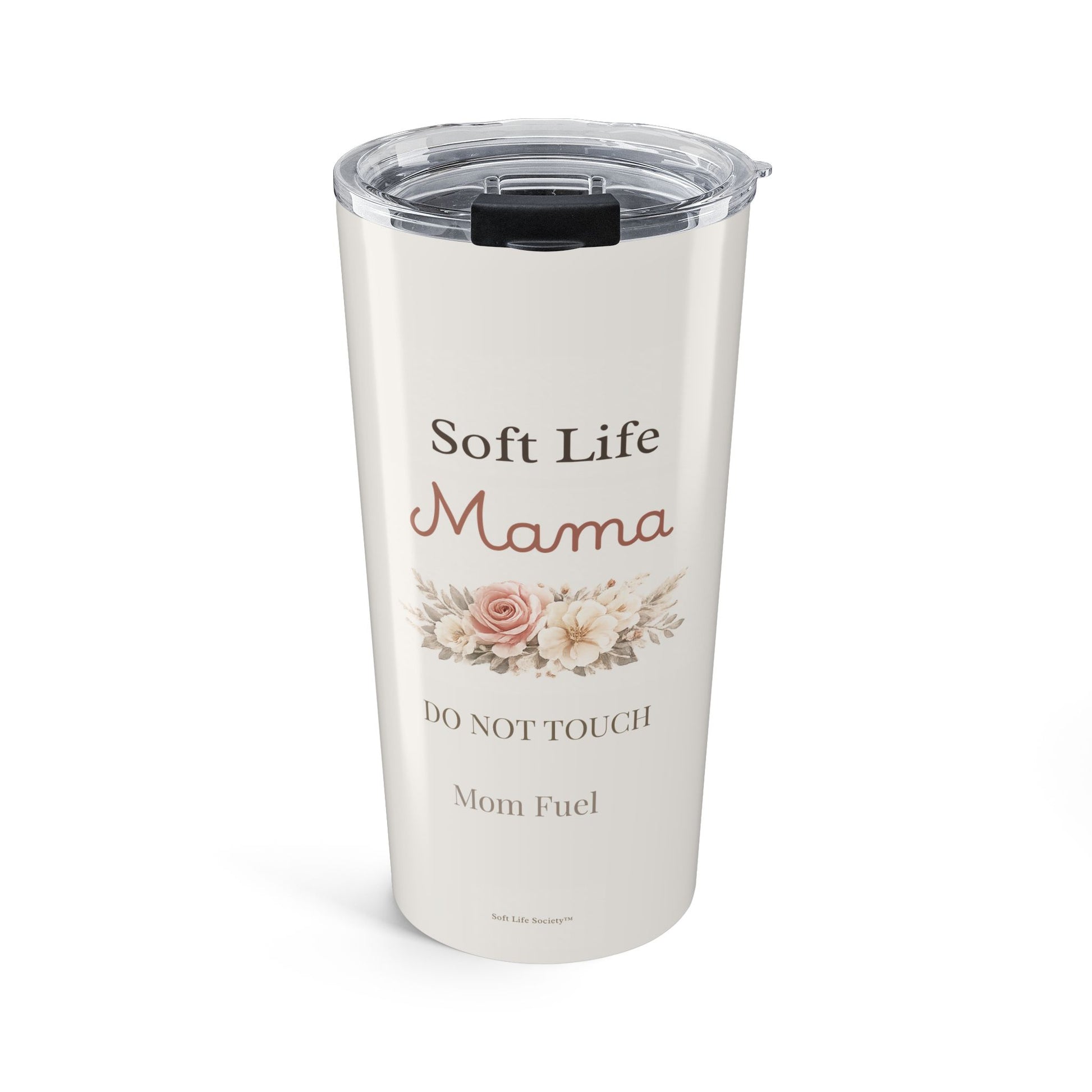 White tumbler with floral design and text on a white background