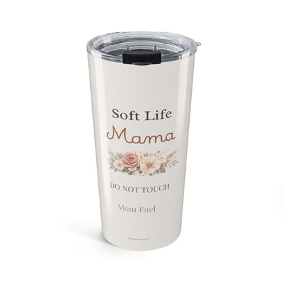 White tumbler with floral design and text on a white background